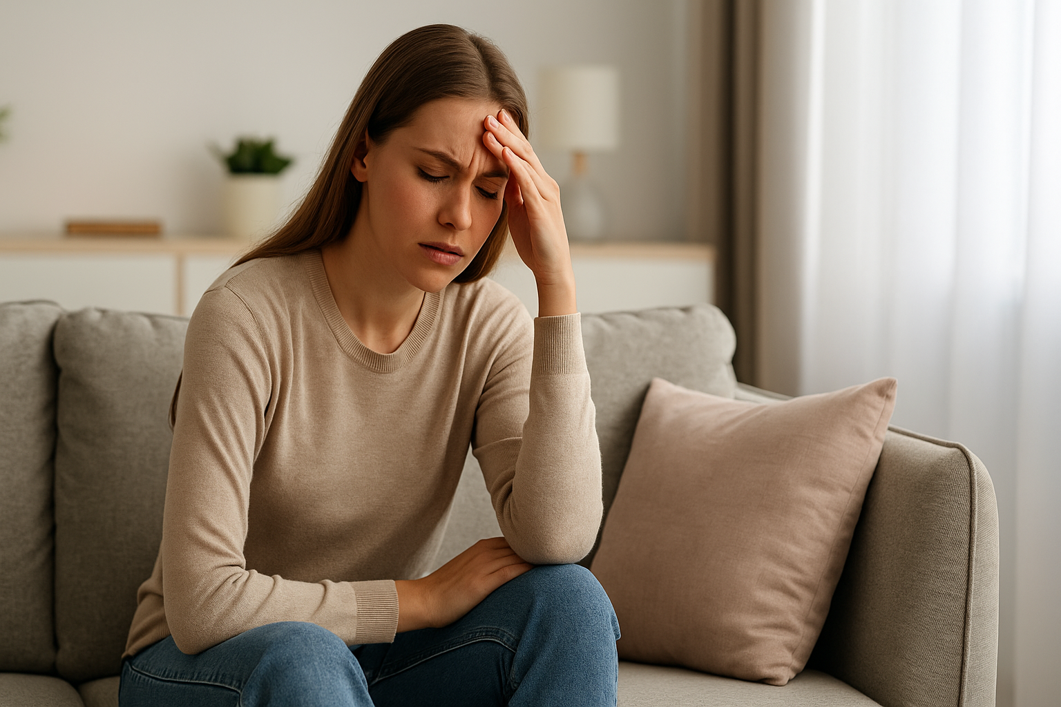 زن جوانی که در یک فضای آرام خانگی دچار استرس و خستگی ذهنی شده است، نشانه&zwnj;ای از وجود انرژی منفی در محیط زندگی